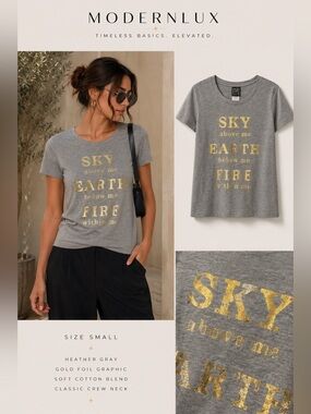 Very Soft Heather Gray Graphic Tee with Gold Foil - SKY Earth Fire
